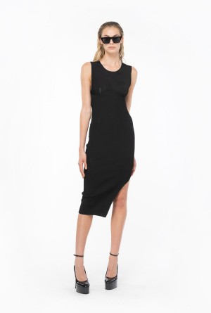 Pinko Acanalado knit calf-length dress Negros | ZMXNQ65715
