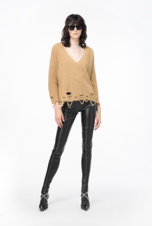 Pinko Acanalado pullover with rips Beige | ZMXNQ66853