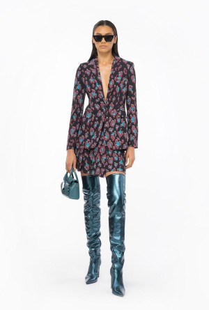 Pinko Animal-print mini skirt with piercing buckle BLACK/LIGHT GREEN/BURGUNDY | MXDYB36664