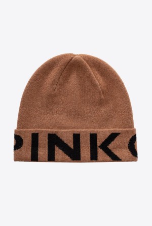 Pinko Beanie with large logo CAMEL/BLACK | XMXGW93414