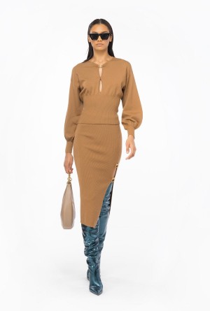 Pinko Calf-length wool skirt with Love Birds buckle Marrom | MXIIZ83827
