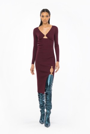Pinko Calf-length wool skirt with Love Birds buckle BURGUNDY-PORT ROYALE | XMXBH34911