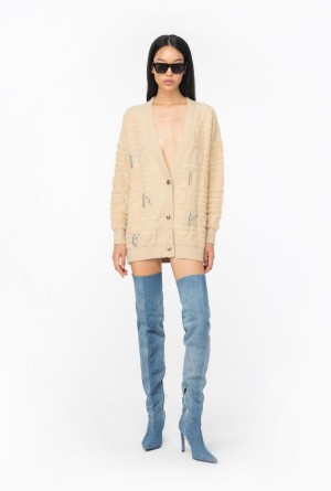 Pinko Cardigan with 3D rhinestone logo BEIGE-NOUGAT | PMXQX34261