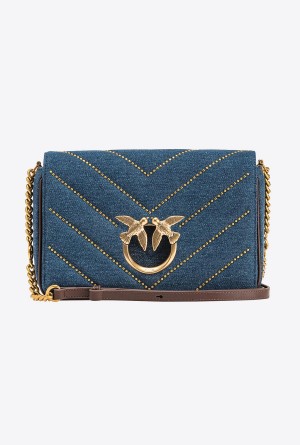 Pinko Classic Love Bag Click Denim with studs Azules Dorados | DMXKV96791