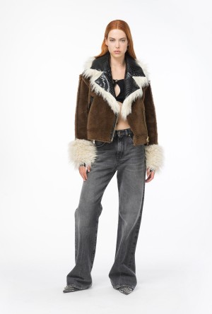 Pinko Corta sheepskin-effect pea coat with patch BROWN/BLACK/ECRU' | MXZPD20374