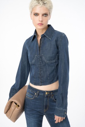 Pinko Cropped light denim bustier shirt Azules Azules | UMXND77160