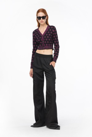 Pinko Cropped logo jacquard cardigan BLACK/FUCHSIA | PMXER55498
