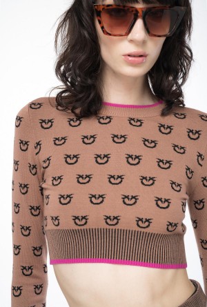 Pinko Cropped logo jacquard sweater CAMEL/BLACK | MXEGJ42873