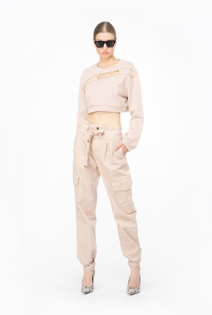 Pinko Cropped sweatshirt with rhinestone logo NUDE - BABY | MXZDE17125