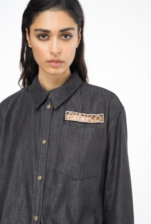 Pinko Denim shirt with rhinestone logo BLACK/SILVER | MXCVG16504