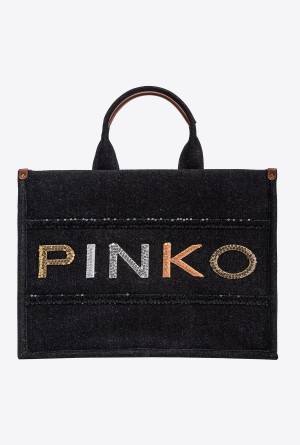 Pinko Denim shopper bag with sequinned logo Negros Dorados | EMXHC29614