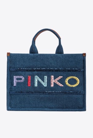 Pinko Denim shopper bag with sequinned logo Azules Dorados | MXXMI82138