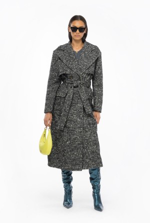 Pinko Double-breasted tweed trench coat BLACK/WHITE | MXQAV85694