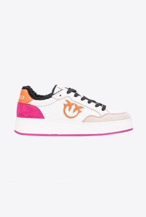 Pinko Faux fur basketball sneakers with logo OFF WHITE/ORANGE/FUSCHIA | LMXSX20435
