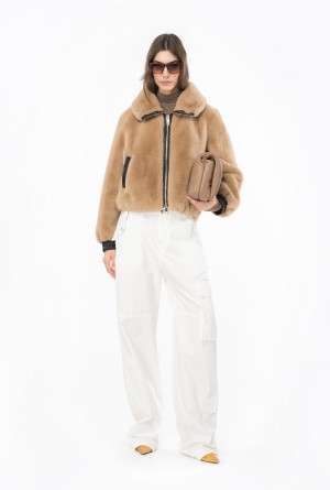 Pinko Faux fur bomber jacket Beige | MXJVR45817