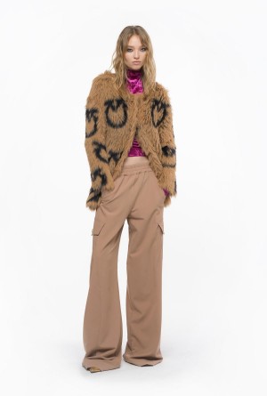 Pinko Faux fur coat with Love Birds logo CAMEL/BLACK | FMXHY52942