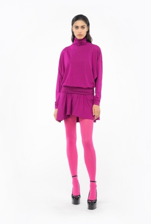 Pinko Flowing jersey turtleneck mini dress Morados | EMXHC38926