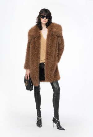 Pinko Fur-effect pea coat Marrom | UMXND53311