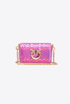 Pinko Galleria Micro Love Bag Click in holographic reptile skin Dorados | MXQAV98434