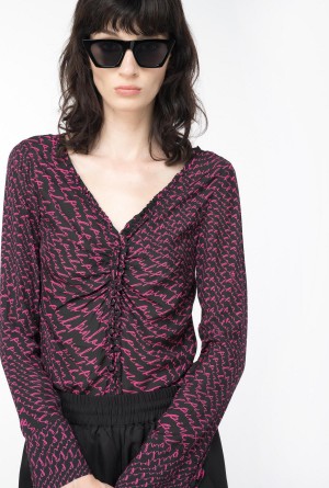 Pinko Georgette blouse with fluid logo print BLACK/FUCHSIA | LMXTR99571