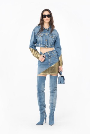 Pinko Golden denim mini skirt Azules | MXQCS30783