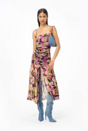 Pinko Iris-print calf-length dress MULTICOLOUR - BLACK/FUCHSIA | GMXEC44414