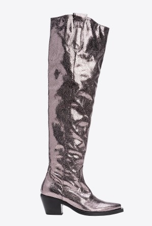 Pinko Laminated thigh-high Texan boots Grises | EMXHC63889