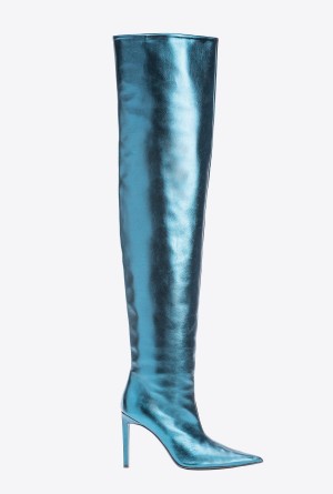 Pinko Laminated thigh-high boots Azules | FMXHY81456