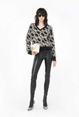 Pinko Lana and alpaca Love Birds V-neck sweater BLACK/IVORY | MXEGJ72170