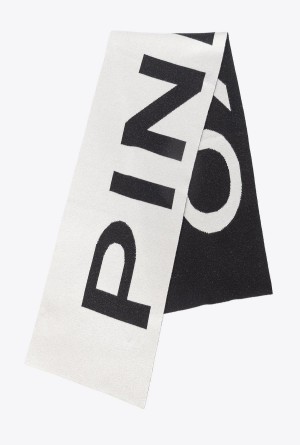 Pinko Lana and cashmere scarf with large logo WHITE/BLACK | QMXUV85161