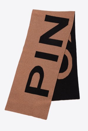 Pinko Lana and cashmere scarf with large logo CAMEL/BLACK | UMXTG75829