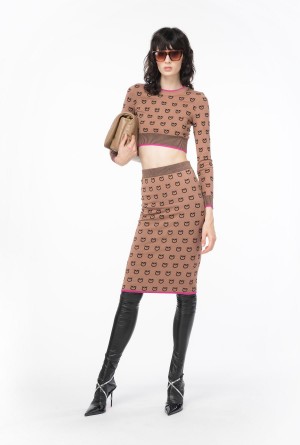 Pinko Logo jacquard calf-length skirt CAMEL/BLACK | GMXEC23193