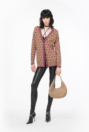 Pinko Logo jacquard cardigan CAMEL/BLACK | MXEGJ52666