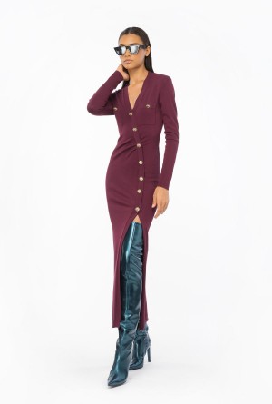 Pinko Long knit dress with golden buttons BURGUNDY-PORT ROYALE | UMXTG92084
