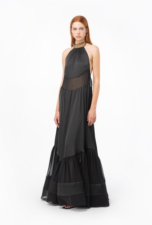 Pinko Long satin dress with rhinestone logo Negros | MXZDE81137