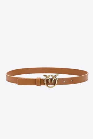 Pinko Love Birds thin leather belt COGNAC-ANTIQUE GOLD | SMXVO88685