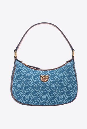 Pinko Mini Love Bag Half Moon Denim Logo Dorados | PMXER55782