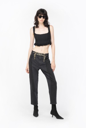 Pinko Mom-fit black denim jeans with rhinestone logo GREY/BLACK | UMXND30060