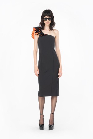 Pinko One-shoulder calf-length dress with ruching BLACK/ORANGE | FMXUI43093