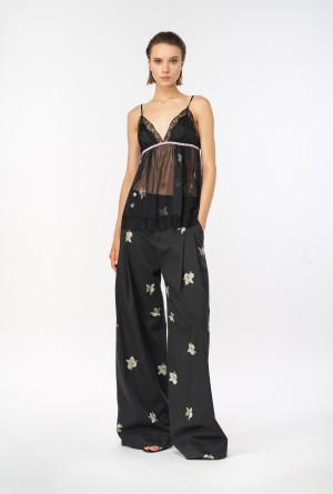 Pinko Reimagine orchid-print wide-leg trousers by Patrick McDowell BLACK/WHITE | BMXSO62731