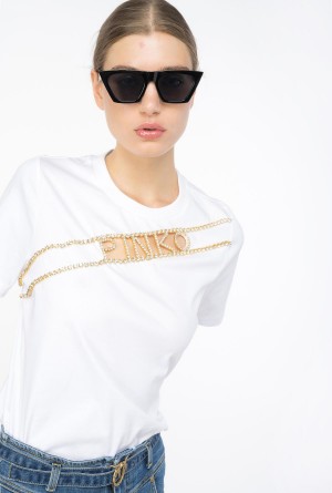 Pinko Rhinestone logo T-shirt Blancos | DMXKV76674