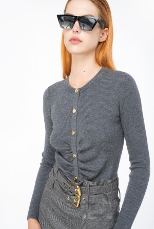 Pinko Slim-fit ribbed cardigan Grises Oscuro | MXCIF97006